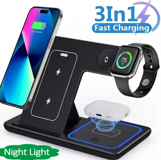 R.E.D. Shopping 15W 3-in-1 LED foldable wireless charger stand with fast charging and adjustable viewing angles.