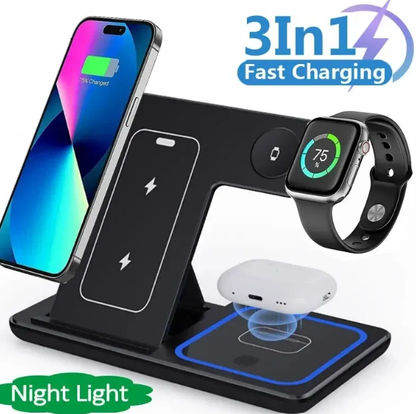 R.E.D. Shopping 15W 3-in-1 LED foldable wireless charger stand with fast charging and adjustable viewing angles.