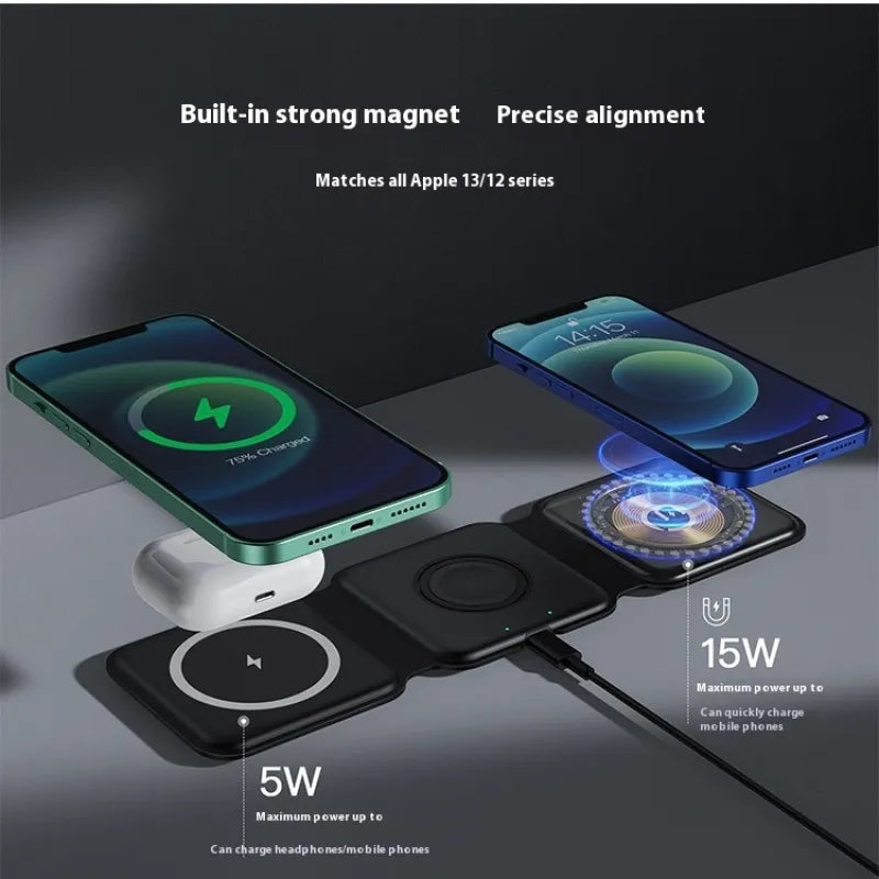 R.E.D. Shopping 3-in-1 magnetic wireless charging station with foldable phone holder on a desk, showing charging cables and device placement.