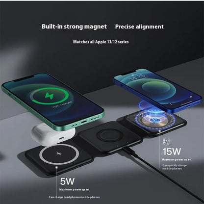R.E.D. Shopping 3-in-1 magnetic wireless charging station with foldable phone holder on a desk, showing charging cables and device placement.