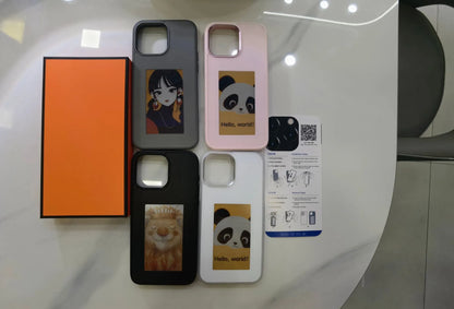 E-ink screen DIY phone case for iPhone by R.E.D. Shopping, customizable electronic display, mobile phone accessory, case.