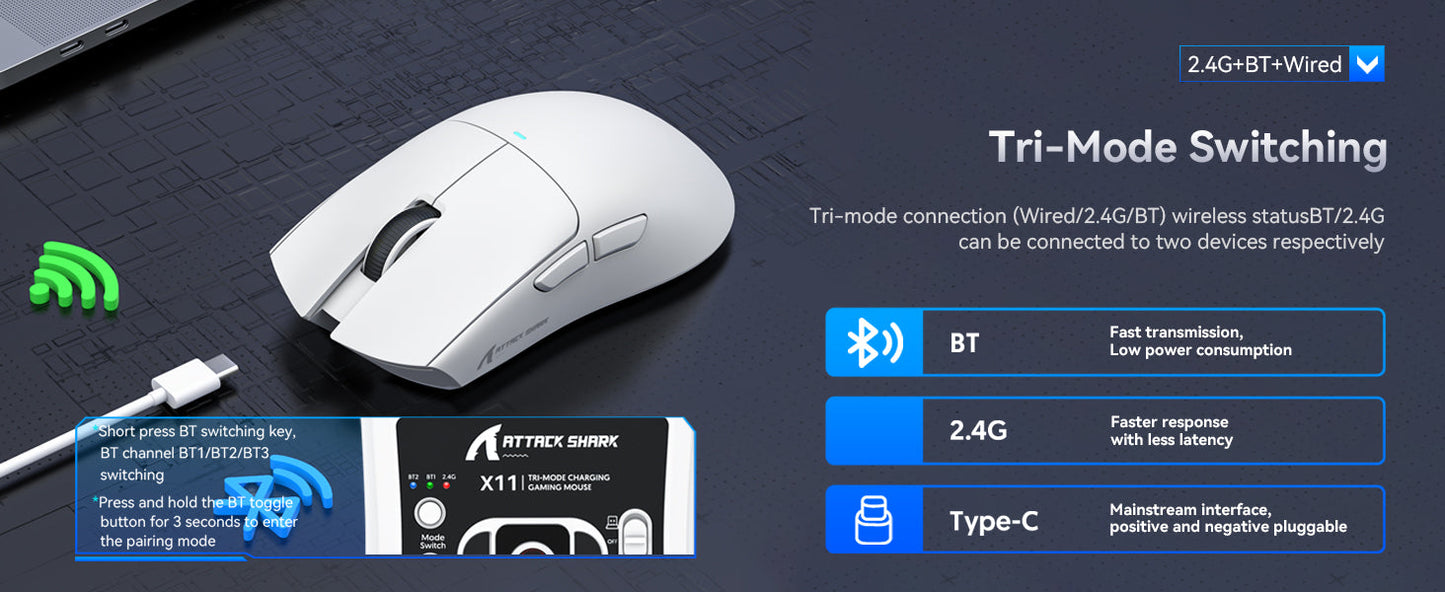ATTACK SHARK X11 Wireless Gaming Mouse with Charging Dock PixArt PAW3311 Gaming Sensor, BT/2.4G Wireless/Wired