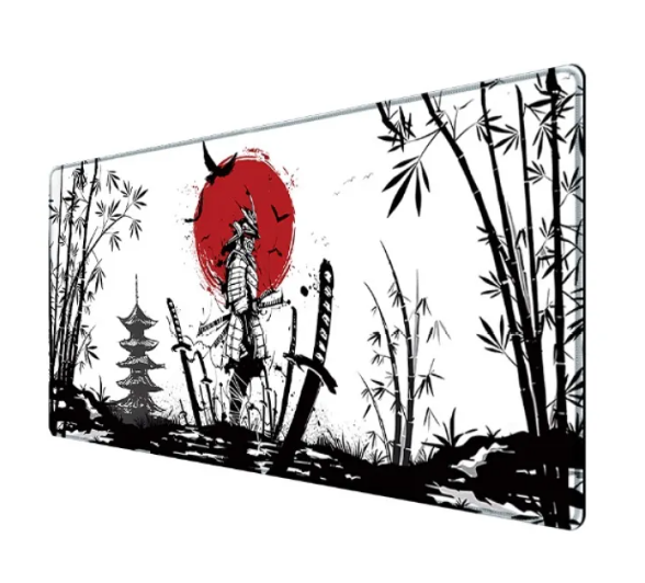 Large R.E.D. Shopping Samurai Edge gaming mouse pad with non-slip rubber base, featuring a detailed samurai edge design on smooth fabric surface.