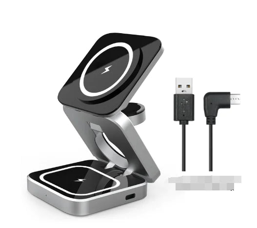 Wireless charging station by R.E.D. Shopping for fast charging phone, smartwatch, and earbuds on a sleek black pad.