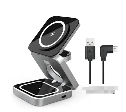 Wireless charging station by R.E.D. Shopping for fast charging phone, smartwatch, and earbuds on a sleek black pad.