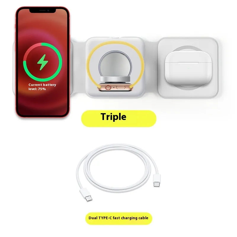 R.E.D. Shopping 3-in-1 magnetic wireless charging station with foldable phone holder, compact electronic accessory for charging devices.