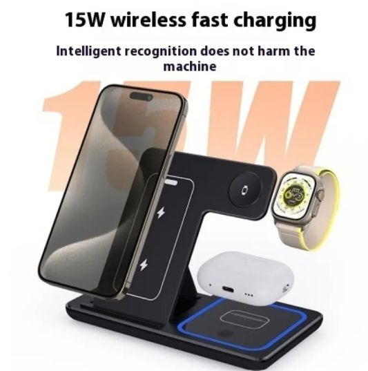 R.E.D. Shopping 15W 3-in-1 LED foldable wireless charger stand with fast charging for smartphones and gadgets.