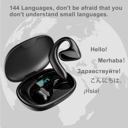 R.E.D. Shopping TransLingua Bluetooth smart translation headphones with sleek black design and over-ear fit for travel and communication.