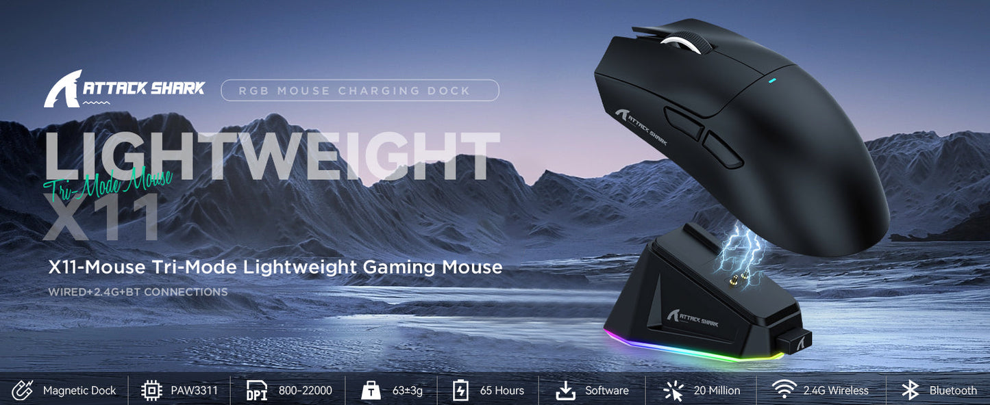 ATTACK SHARK X11 Wireless Gaming Mouse – 22K DPI, 59g, RGB, Tri-Mode (2.4G/BT/Wired) + Charging Dock