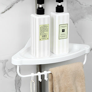 Stainless steel 4-tier adjustable shower caddy in corner, featuring multiple shelves for bathroom organization and storage.
