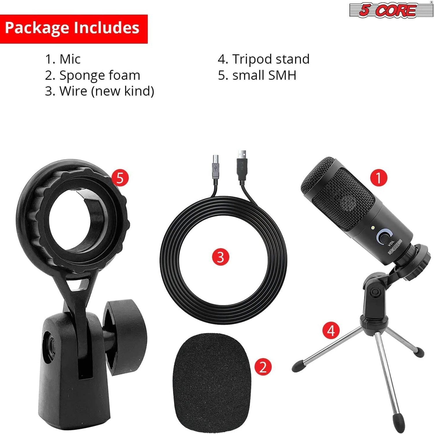 R.E.D. Shopping 5Core podcast microphone bundle with condenser mic, desk stand, foam cover, and shock mount for professional audio recording.