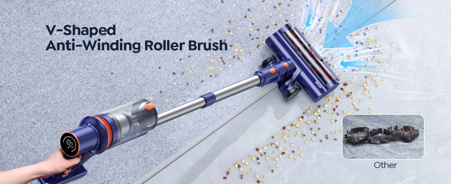 Buture 450W cordless vacuum cleaner with 38Kpa suction, 1.2L dust cup and removable battery, designed for home cleaning.
