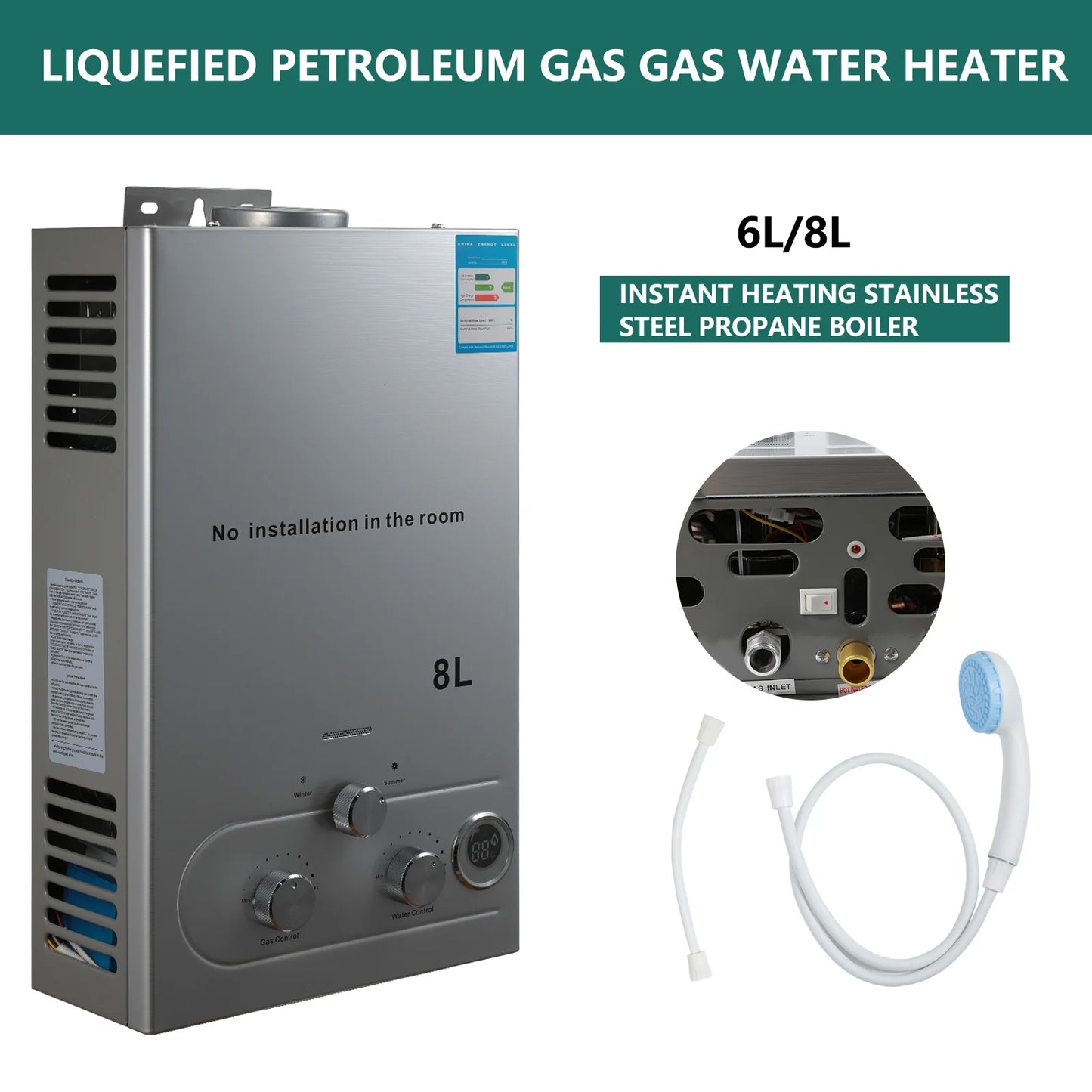 LPG Gas Water Heater 6L / 8L | Stainless Steel | Shower Kit | Camping & Home