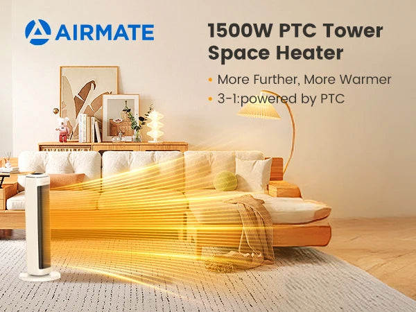 AIRMATE 25" Ceramic Tower Space Heater | Thermostat | Large Room | Indoor