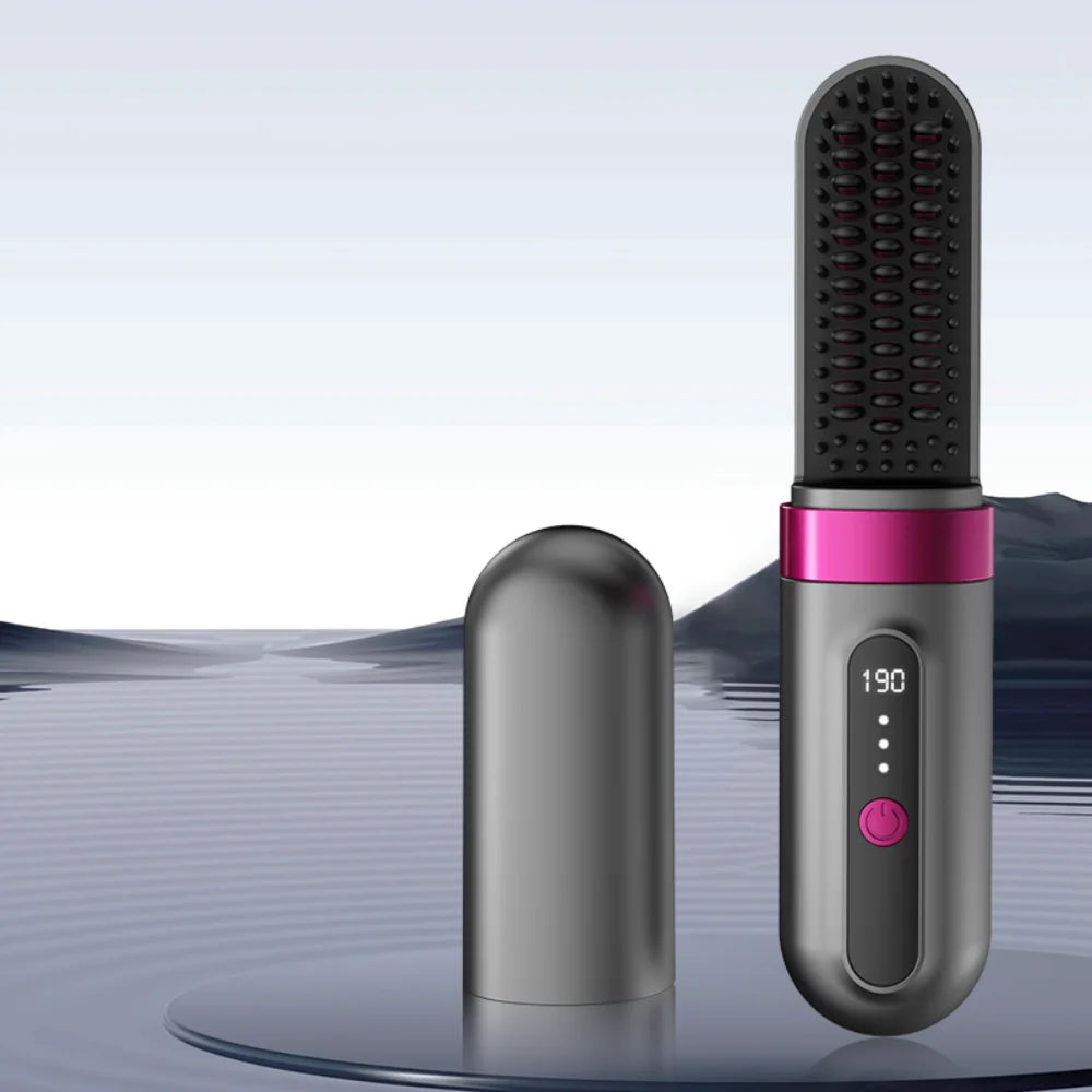 Portable cordless electric ceramic hair straightener brush by R.E.D. Shopping, with customizable heating for easy styling.