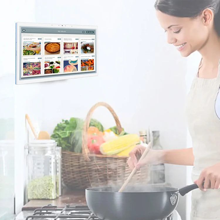 10-inch Android PoE industrial wall mount tablet by R.E.D. Shopping with WiFi, RJ45, Bluetooth, VESA compatibility, and customizable bracket.
