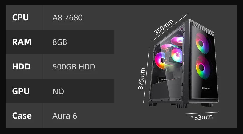 Aotesier Budget Gaming Desktop PC with AMD A8-7680 processor, 8G RAM, 120G SSD, Windows 10 Pro, black tower computer.