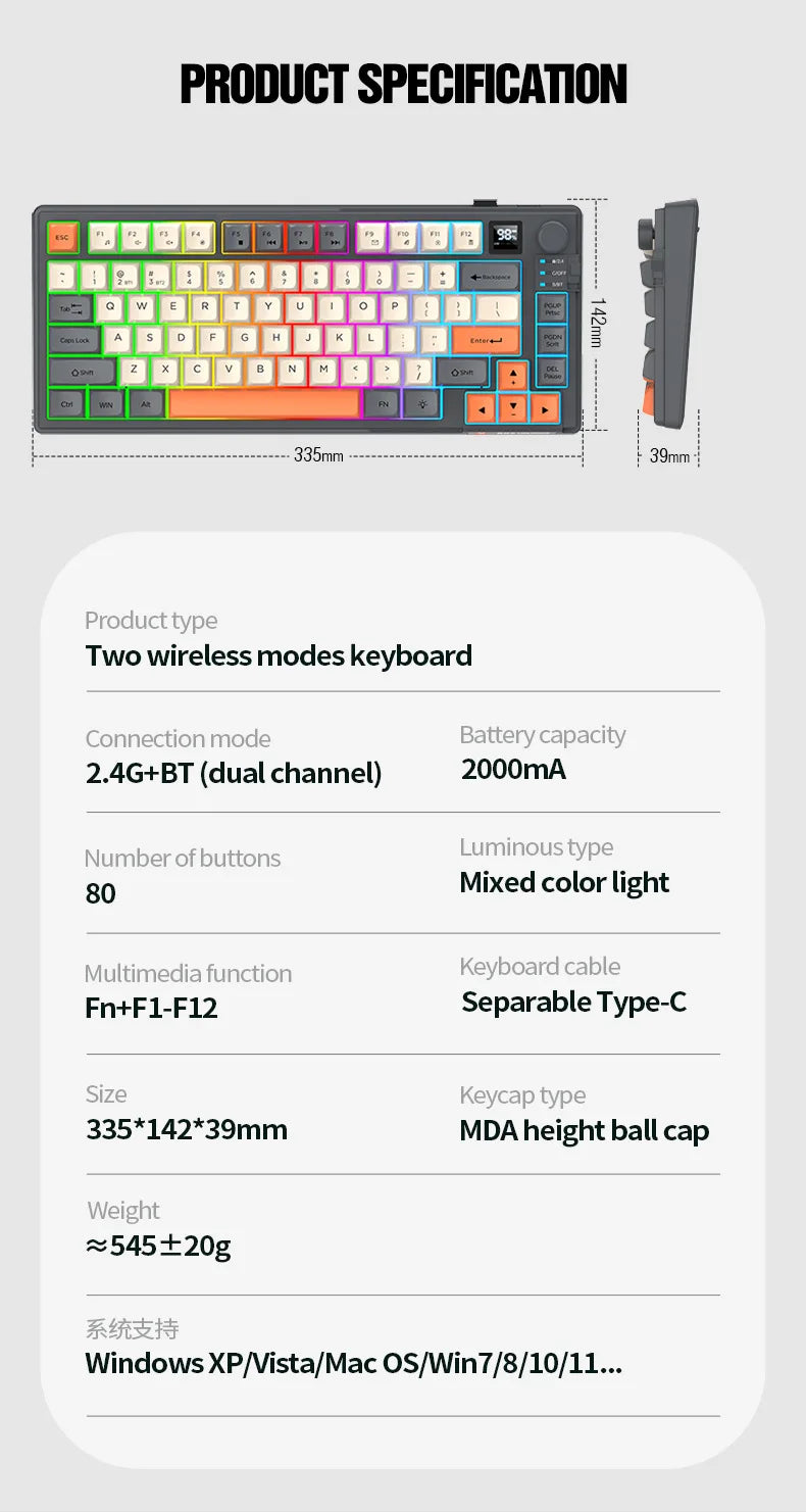 YQT K92 Wireless Keyboard & Mouse Set – 80% Layout, Bluetooth 2.4G, Multi-Language, Backlit, 2000mAh