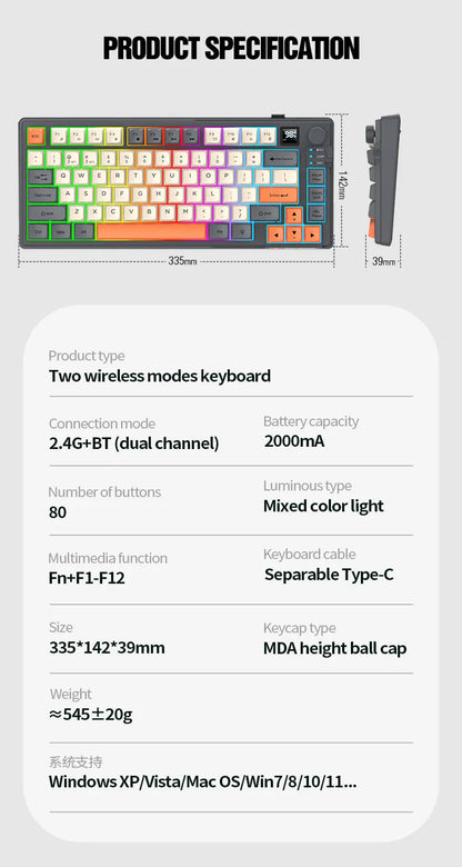 YQT K92 Wireless Keyboard & Mouse Set – 80% Layout, Bluetooth 2.4G, Multi-Language, Backlit, 2000mAh