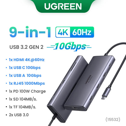 UGREEN 10Gbps USB C HUB 4K60Hz Type-C to HDMI RJ45 PD100W SD&TF USB Adapter for Macbook iPad Samsung Laptop Accessories Docking