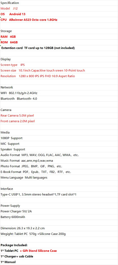 Glavey J12 10.1" Android 13 Tablet | Allwinner A523 Octa-Core | 4GB+64GB | IPS | 6000mAh | WiFi