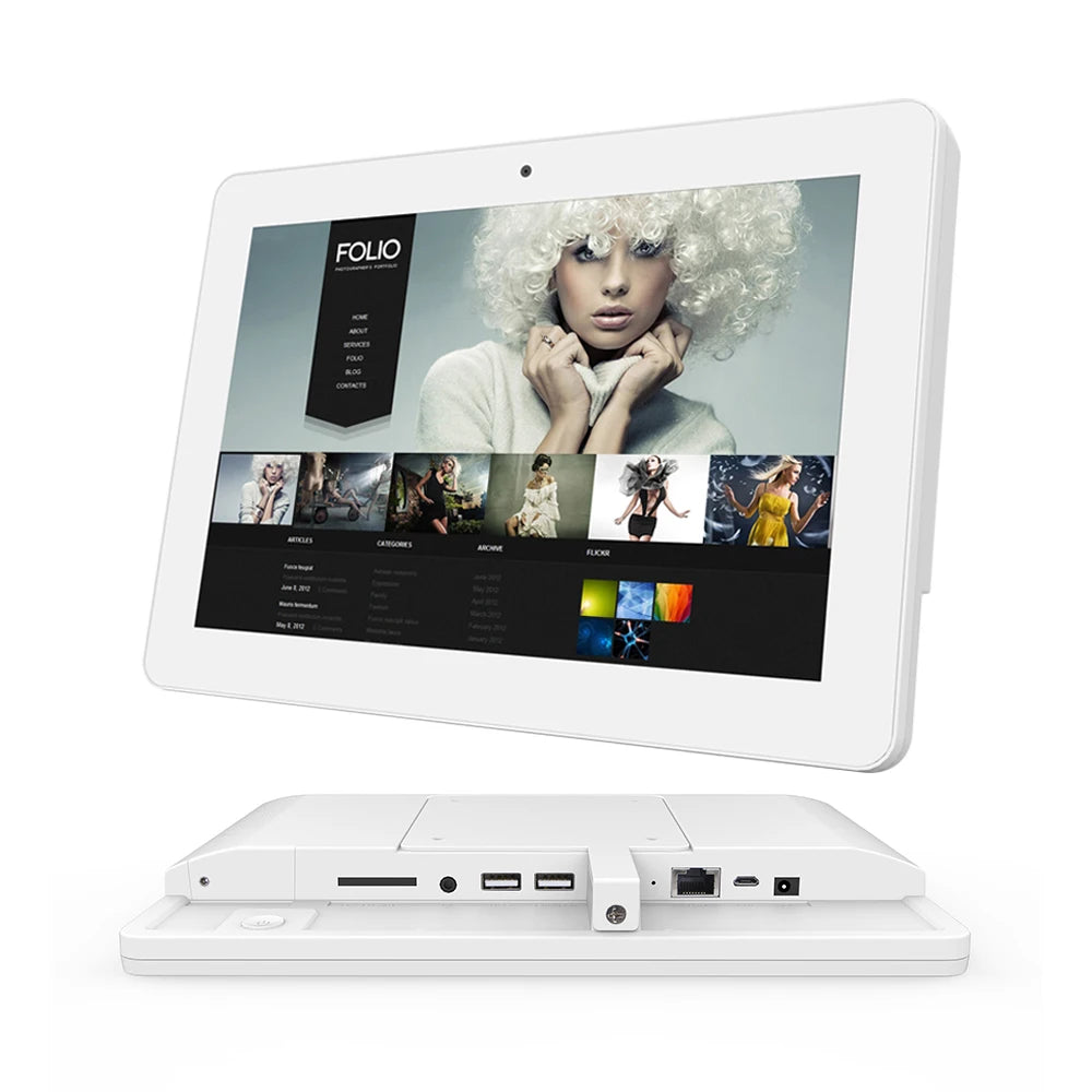 10-inch Android industrial wall mount tablet by R.E.D. Shopping with WiFi, Bluetooth, RJ45 port, VESA mount, and customizable bracket.