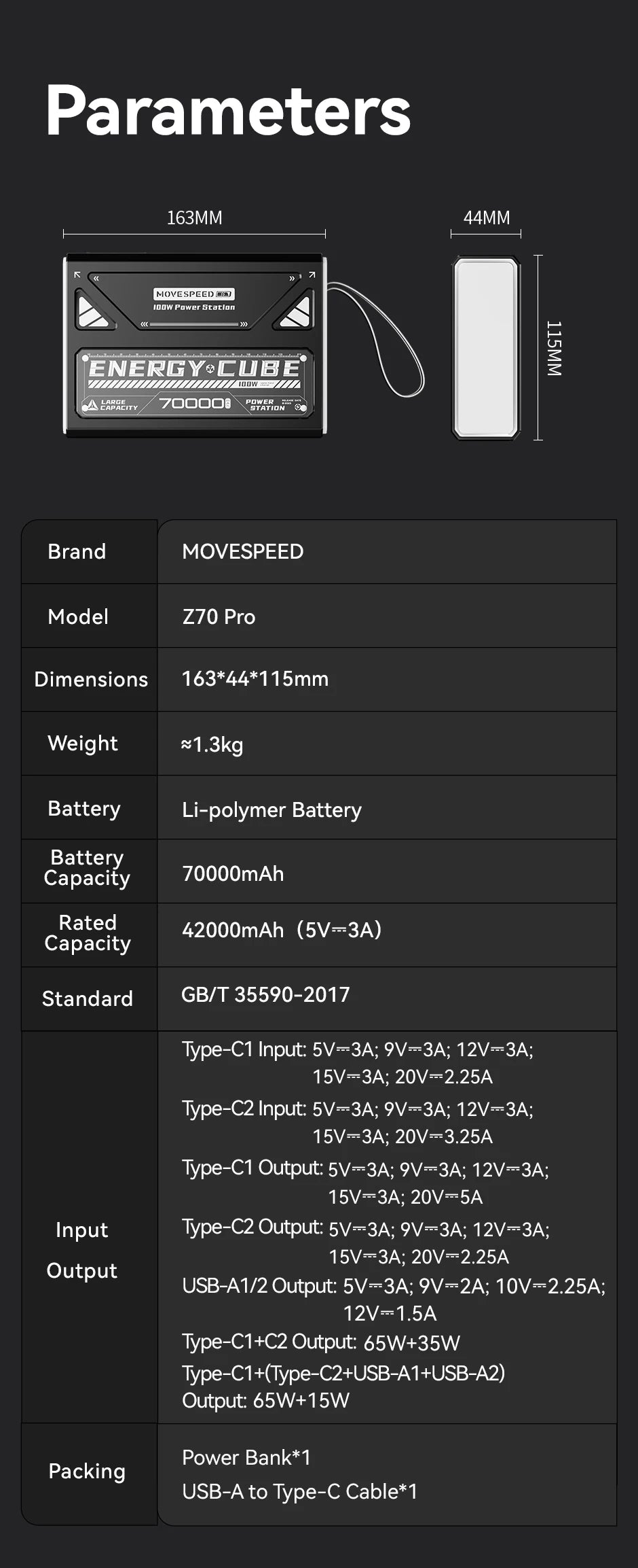 MOVESPEED Z70 Pro 70000mAh Power Bank — 100W Fast Charge, USB-C, for iPhone & Laptop