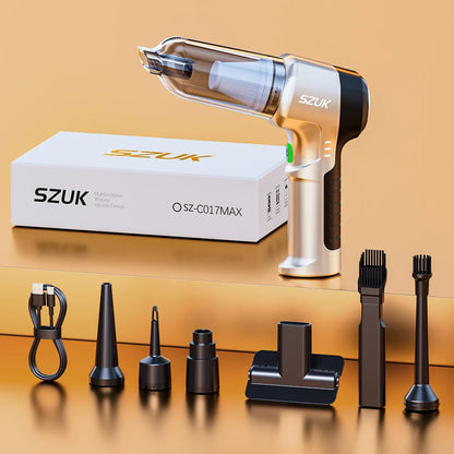 R.E.D. Shopping SZUK portable car vacuum cleaner with 100W power and 15KPa suction, wireless handheld design.