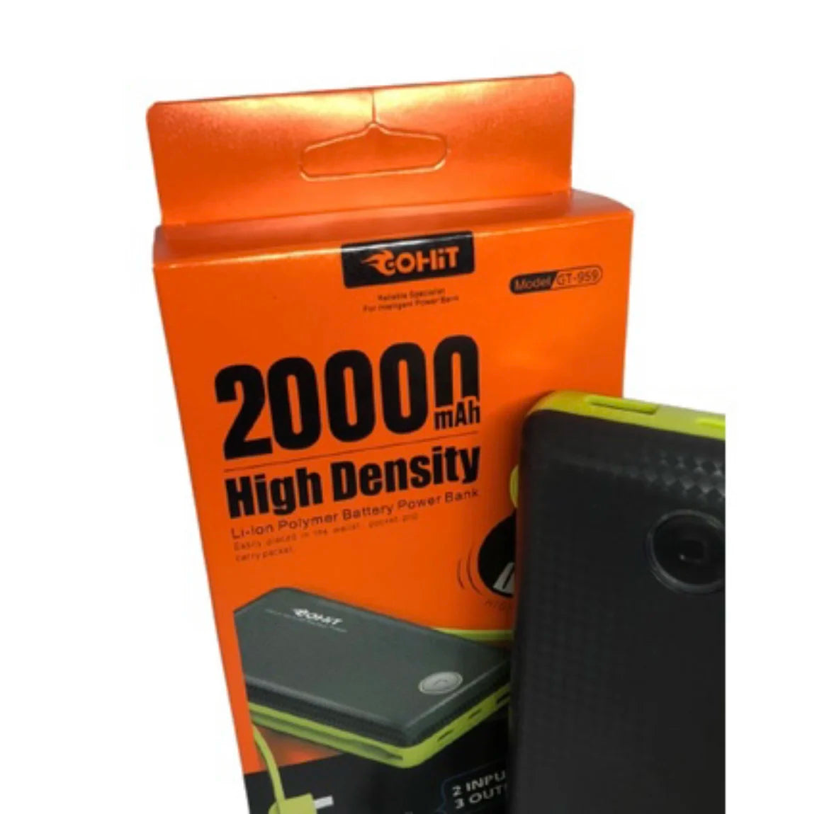 R.E.D. Shopping 20000mAh power bank with built-in cable for iPhone, Samsung, and USB-C devices, showing compact portable design.