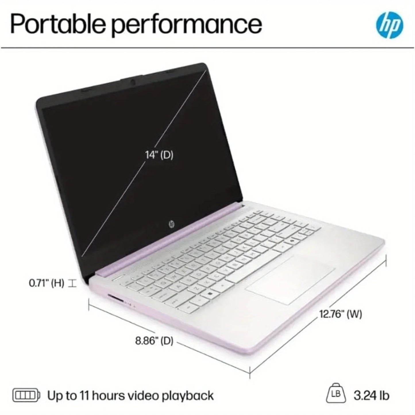 HP 14" Business Laptop – Intel N150, up to 16GB RAM, 128GB UFS, Wi-Fi 6, Windows 11 S, Honey Lavender