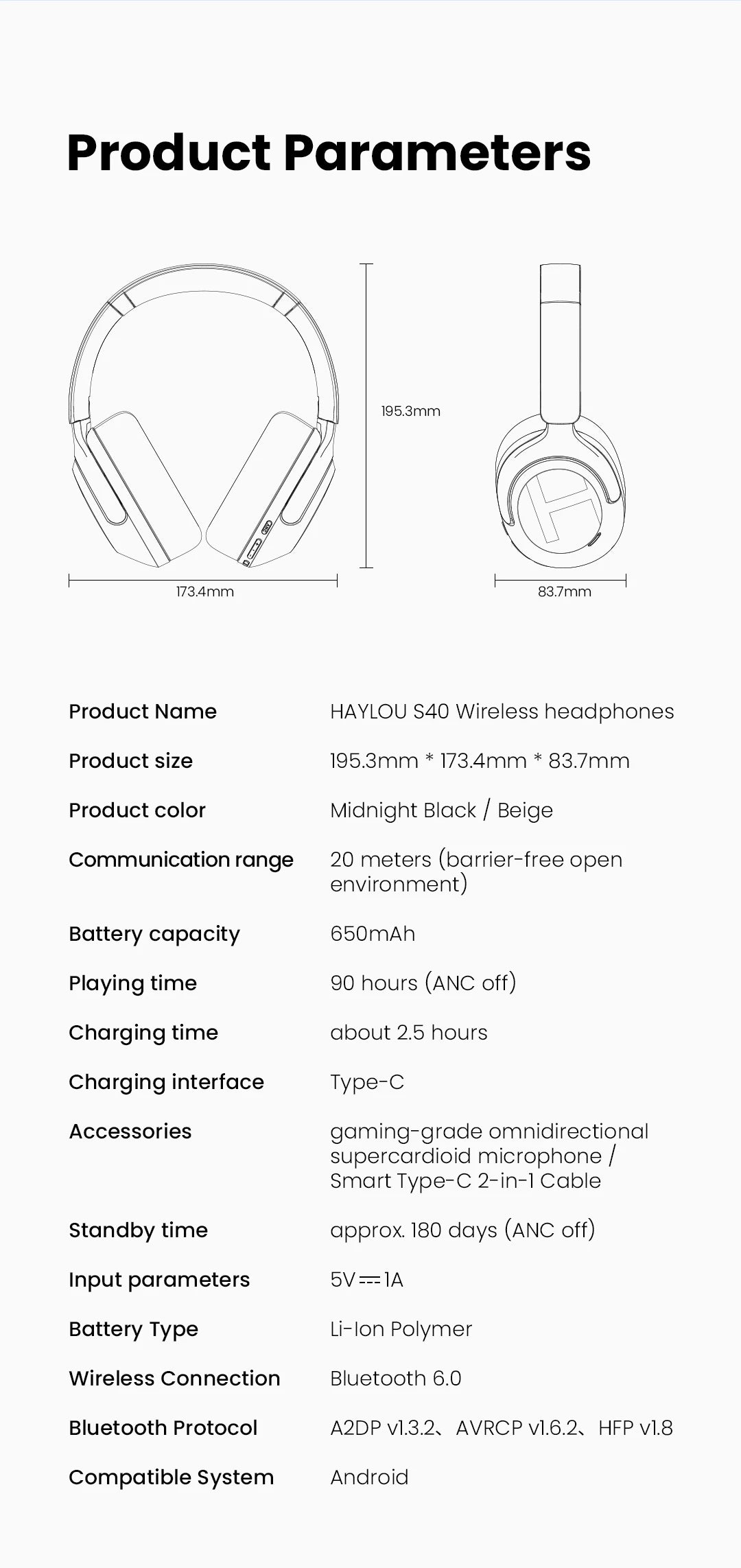 HAYLOU S40 ANC Wireless Headphones – 50dB, LDAC, 3D Spatial Audio, Bluetooth 6.0, 90Hrs