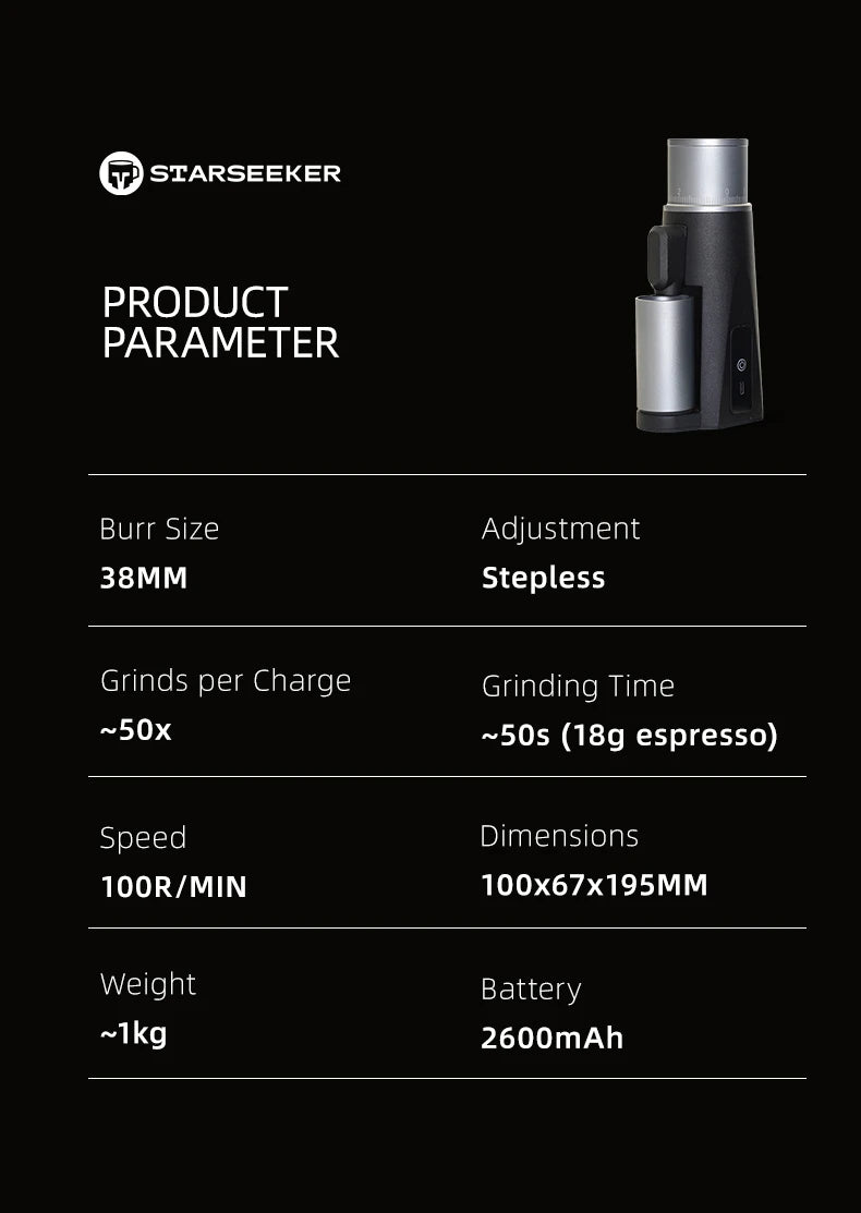 STARSEEKER EDGE Mini Portable Electric Coffee Grinder | 38mm Cone Burr | Stepless Grind | Type-C | Travel Suit
