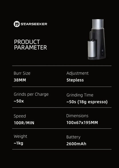 STARSEEKER EDGE Mini Portable Electric Coffee Grinder | 38mm Cone Burr | Stepless Grind | Type-C | Travel Suit
