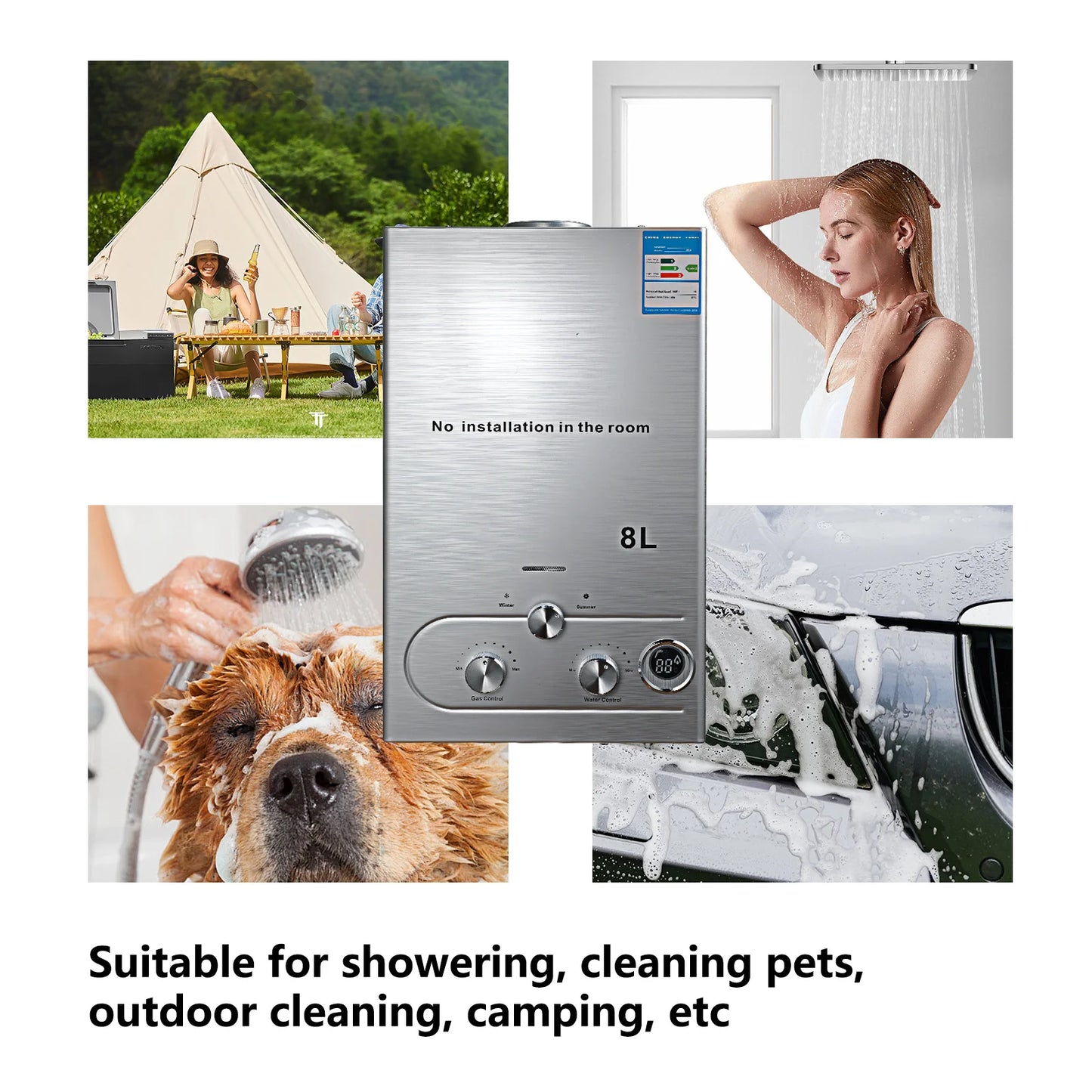 LPG Gas Water Heater 6L / 8L | Stainless Steel | Shower Kit | Camping & Home