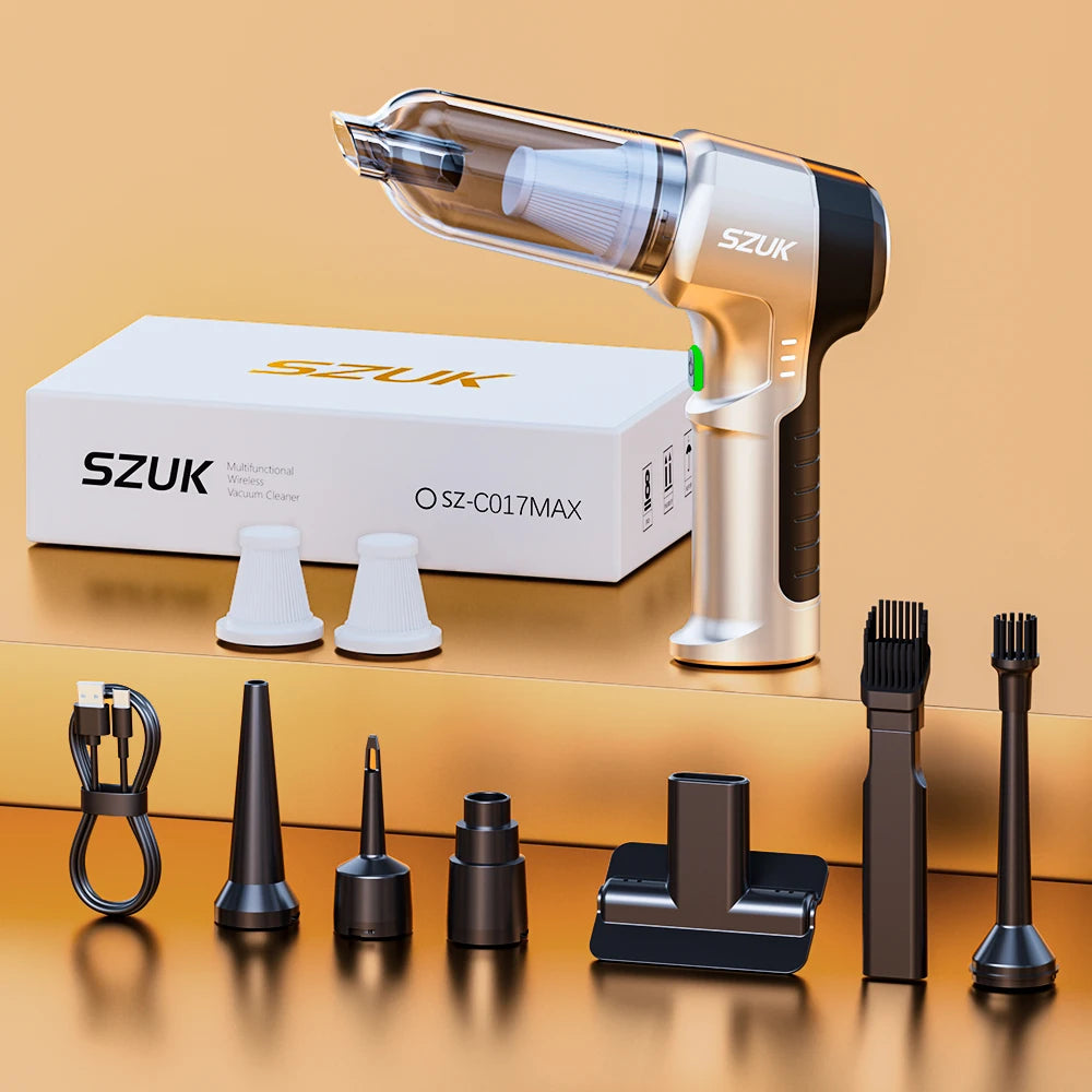 SZUK portable car vacuum cleaner by R.E.D. Shopping, 100W handheld device with 3-in-1 wireless design and powerful 15KPa suction.
