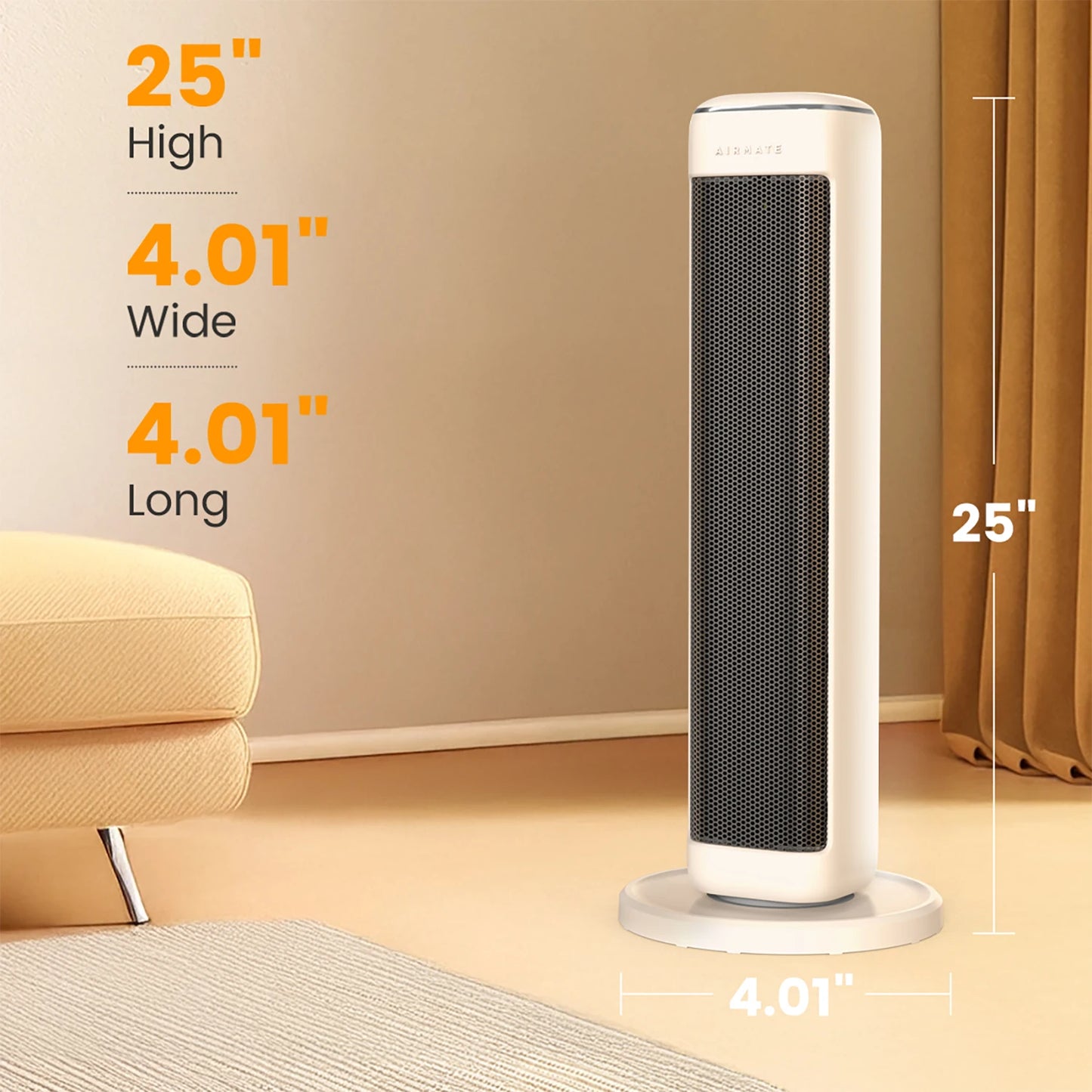 AIRMATE 25" Ceramic Tower Space Heater | Thermostat | Large Room | Indoor