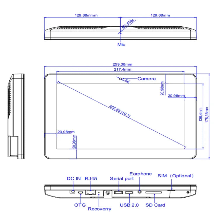10-inch Android PoE industrial wall mount tablet by R.E.D. Shopping with WiFi, RJ45, Bluetooth, VESA mount, and customizable bracket.