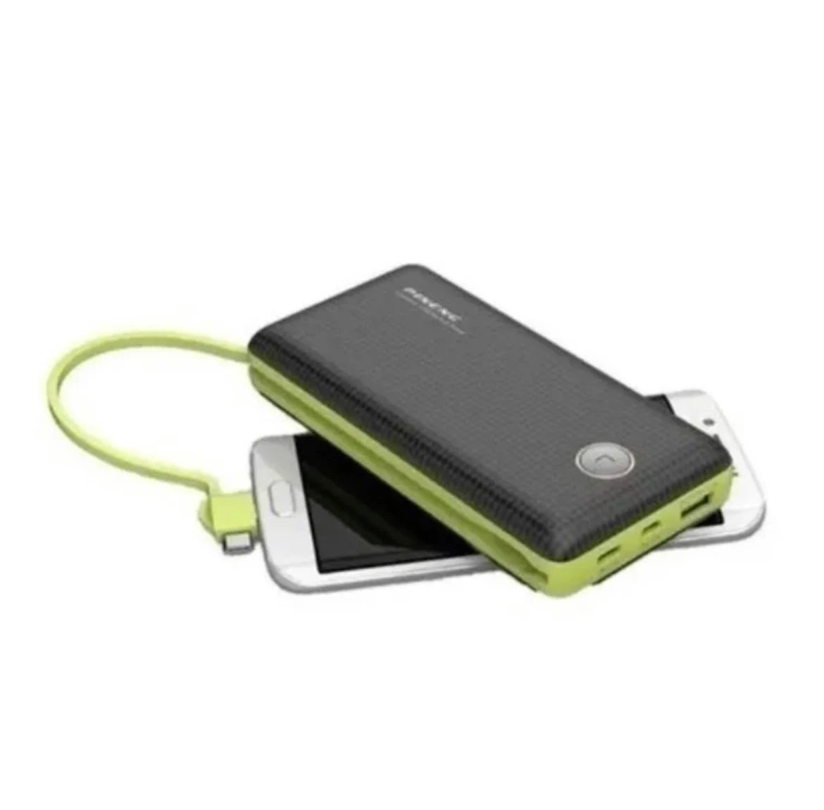R.E.D. Shopping 20000mAh power bank with built-in cable for iPhone, Samsung, and USB-C devices, showing sleek portable charger.