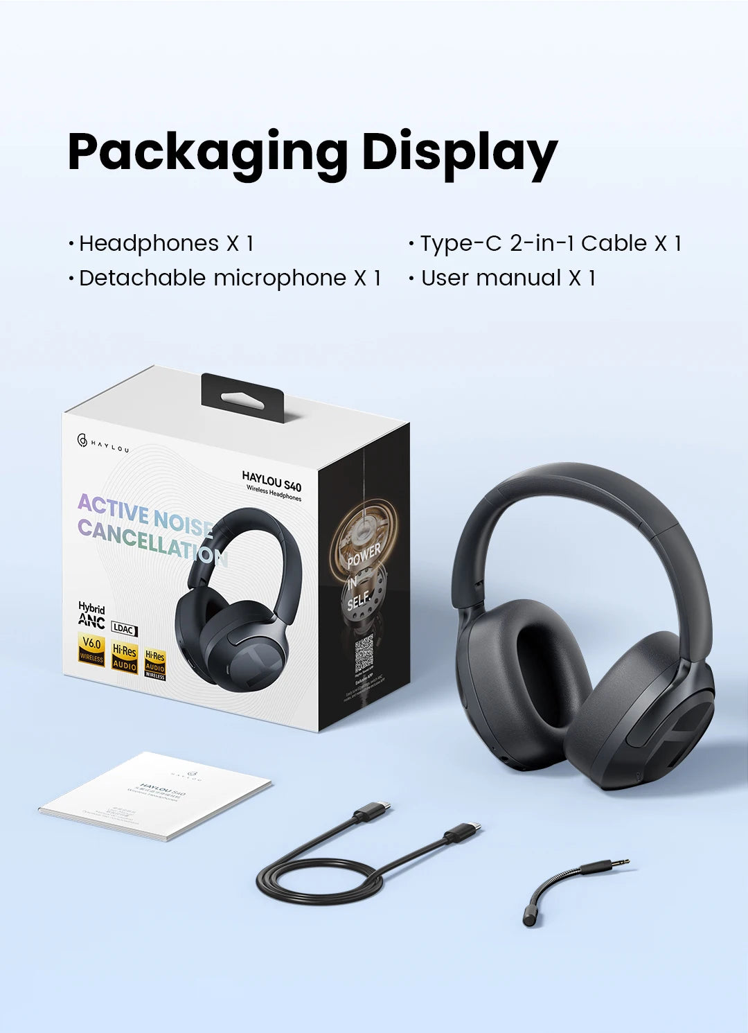 HAYLOU S40 ANC Wireless Headphones – 50dB, LDAC, 3D Spatial Audio, Bluetooth 6.0, 90Hrs