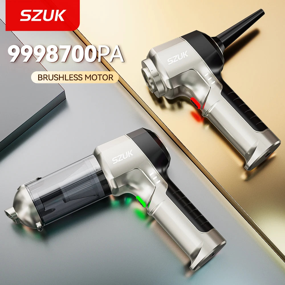 R.E.D. Shopping SZUK portable car vacuum cleaner with 100W power, 15KPa suction, handheld wireless design for car cleaning.