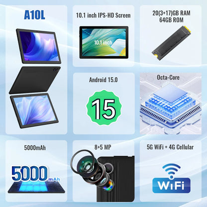 URAO 2026 Android 15 Tablet 10" – 20GB RAM, 64GB+1TB, Widevine L1, Bundle with Keyboard & Stylus