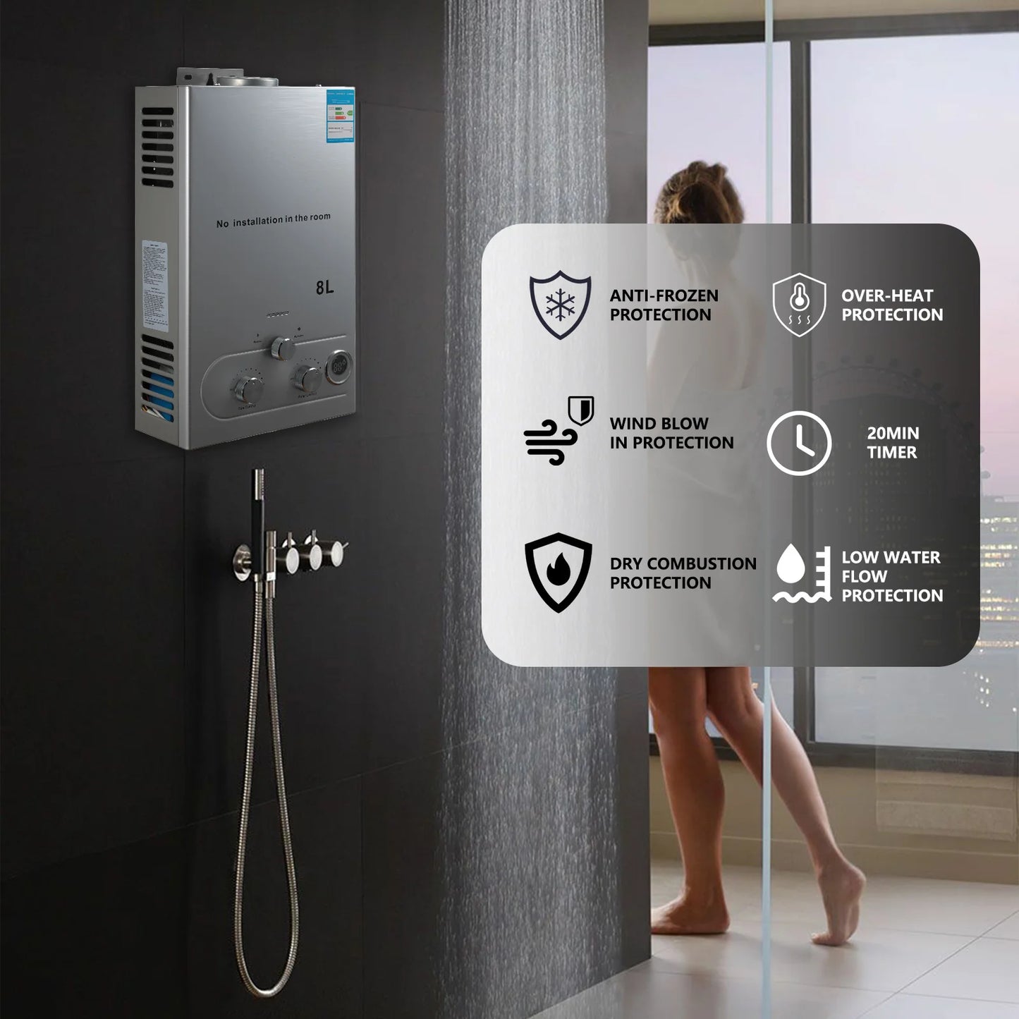 LPG Gas Water Heater 6L / 8L | Stainless Steel | Shower Kit | Camping & Home