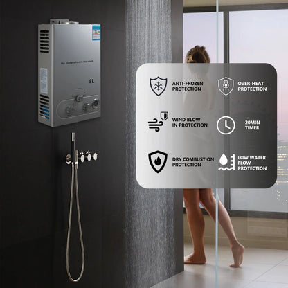 LPG Gas Water Heater 6L / 8L | Stainless Steel | Shower Kit | Camping & Home
