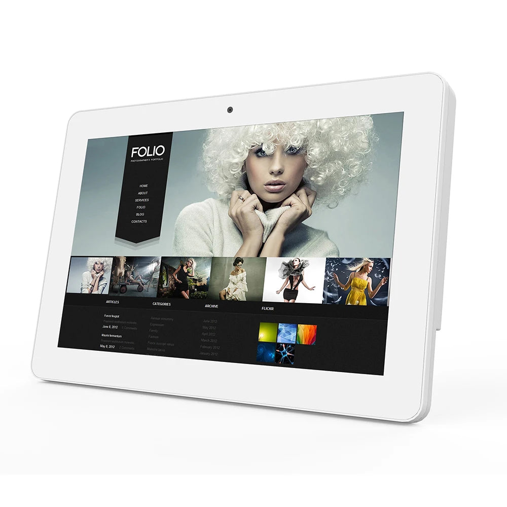 10-inch Android PoE industrial wall mount tablet by R.E.D. Shopping with WiFi, RJ45, Bluetooth, VESA mount, and customizable bracket.