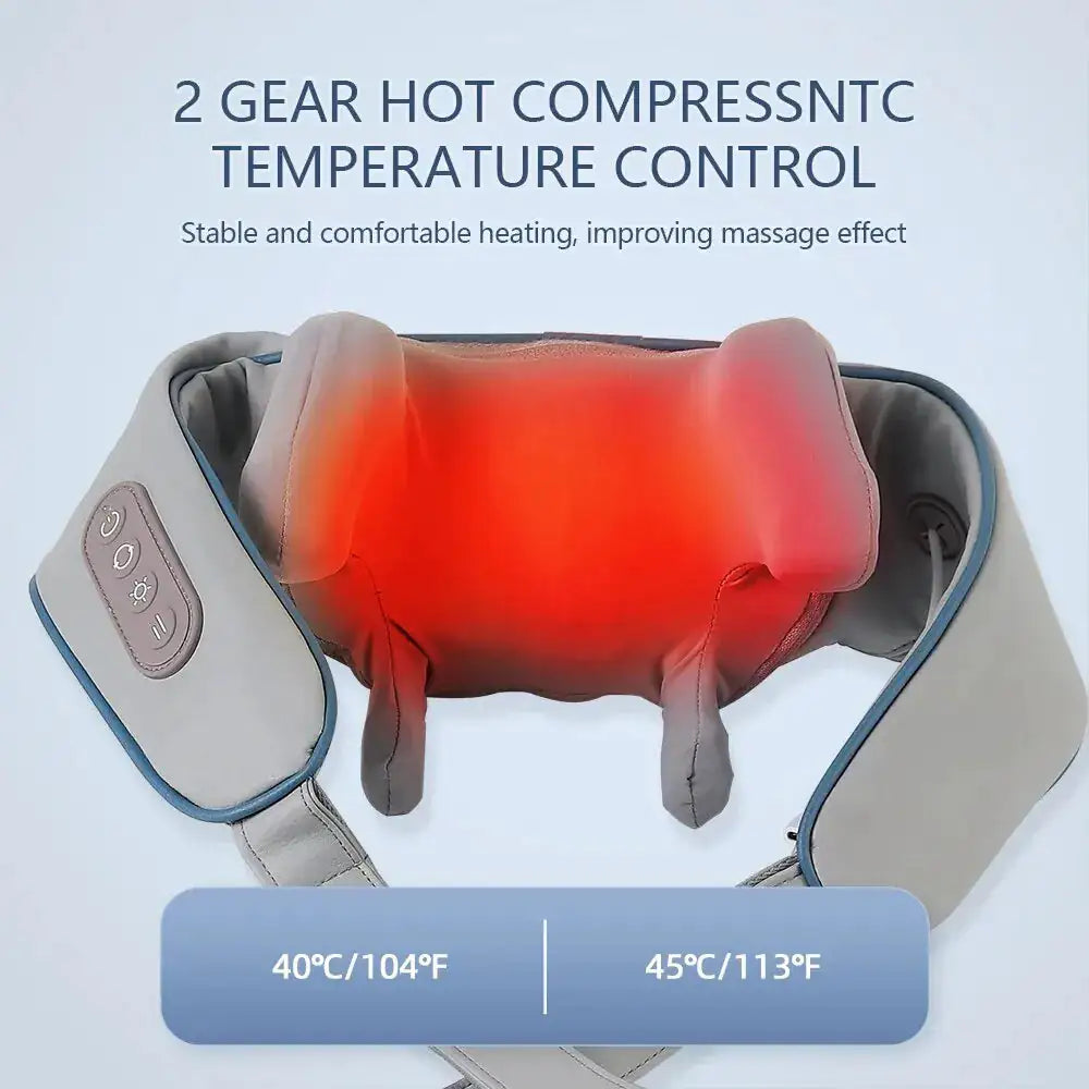 R.E.D. Shopping neck and shoulder massager with deep tissue relief, black and gray design for relaxing massage therapy.