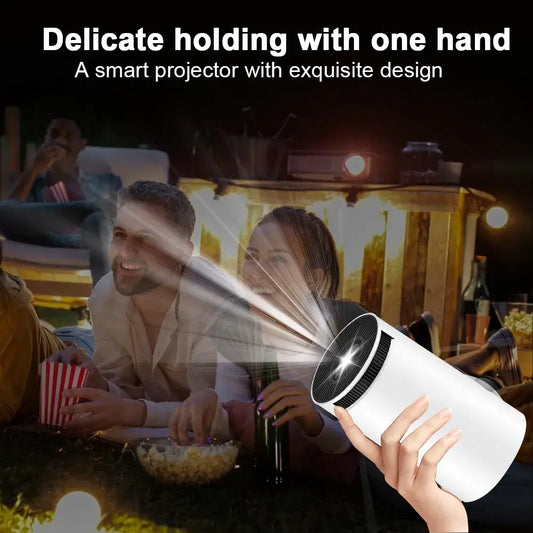 R.E.D. Shopping Projector Hy300 4K Ultra HD home cinema projector displaying vivid images on a wall.