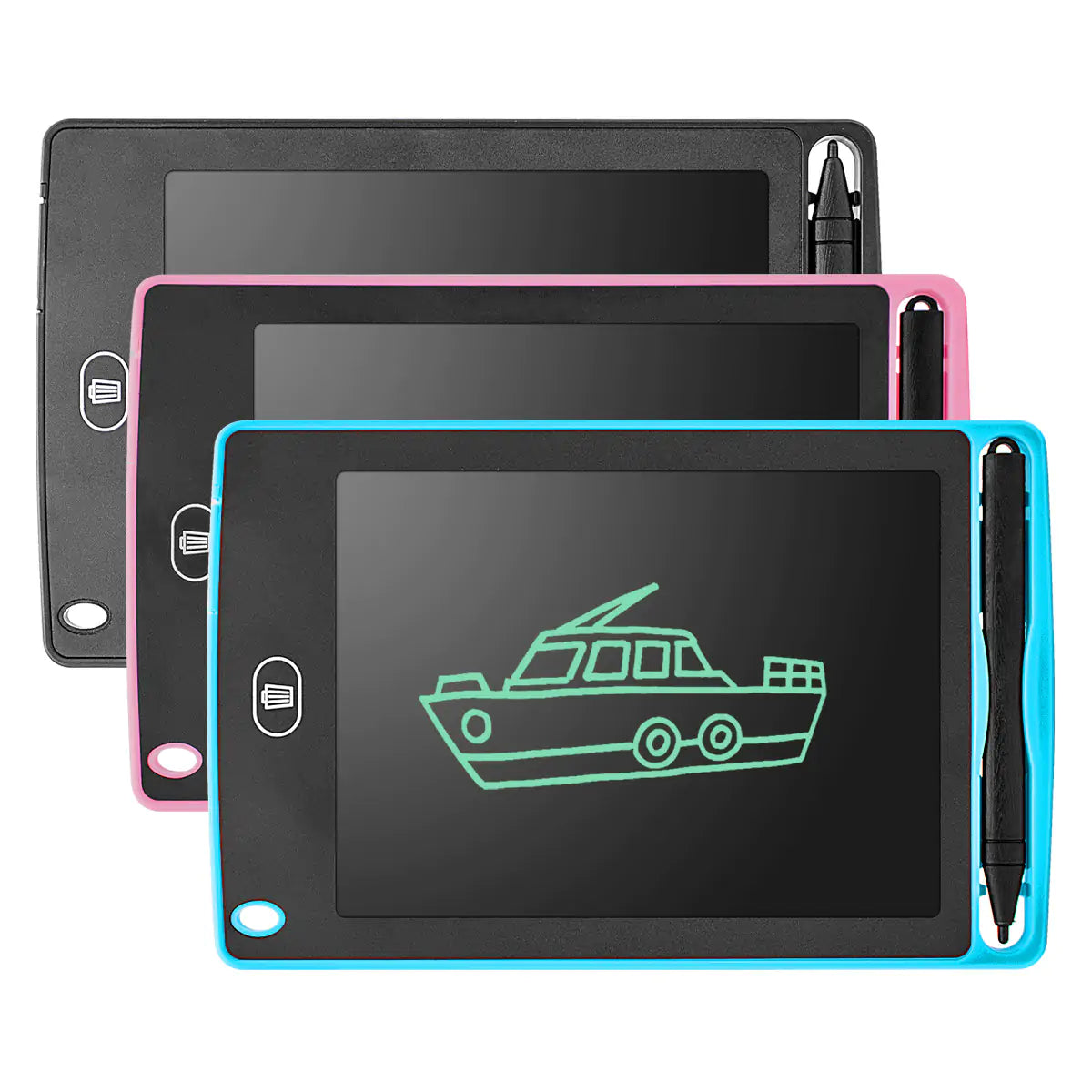 Colorful R.E.D. Shopping kids' writing tablet with stylus, compact electronic device for drawing and note-taking.