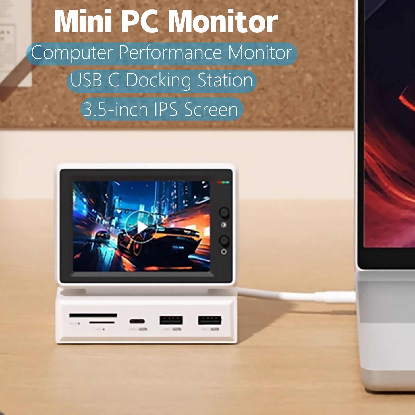 3.5" IPS Mini Screen with USB-C Hub – AIDA64 CPU/RAM Monitor for PC & MacBook