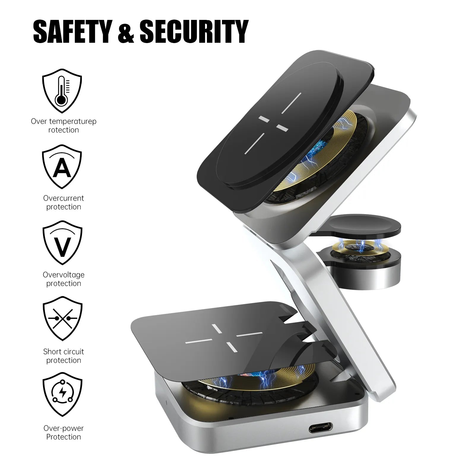 R.E.D. Shopping 3-in-1 wireless charging station with phone, watch, and earbuds charging pads on a sleek surface