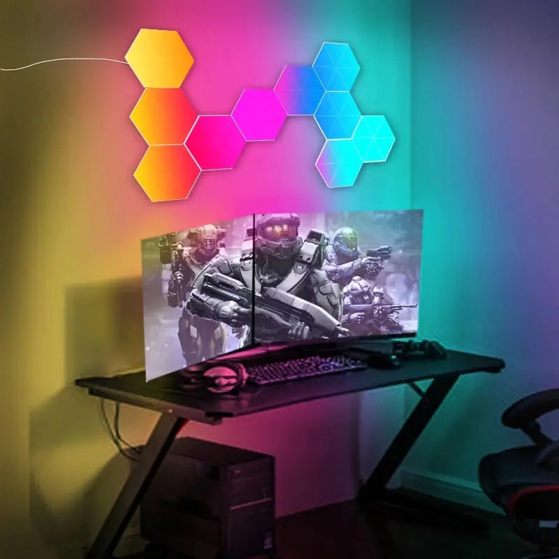 RGB hexagon LED wall light set by R.E.D. Shopping, modular gaming room decor with colorful illuminated geometric shapes.